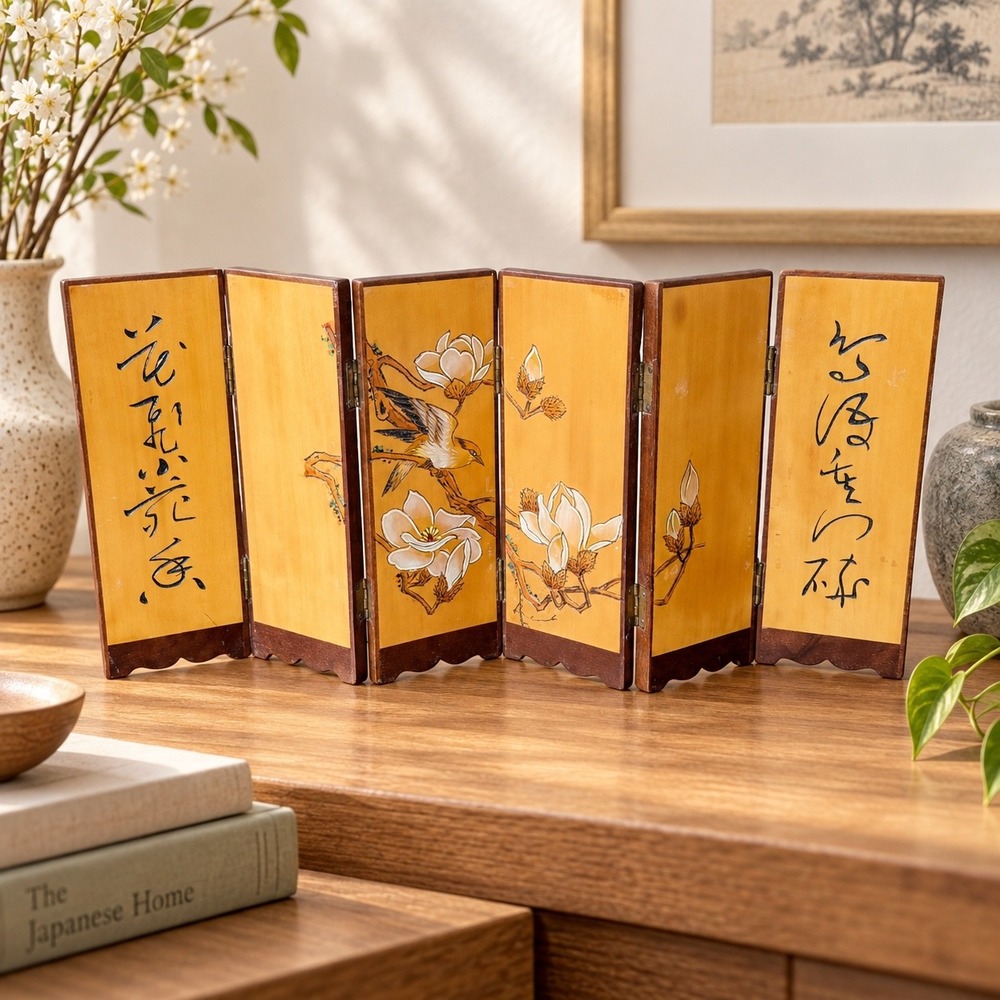 Vintage Chinese 6-Panel Folding Table Screen Birds & Magnolia Floral Miniature